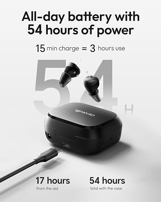 Nano Case Control OTC Hearing Aids Rechargeable, 3 Hearing Programs Feedback Cancellation Noise Reduction 54 Hours Battery Comfort-Fit ITC Design, Midnight Color