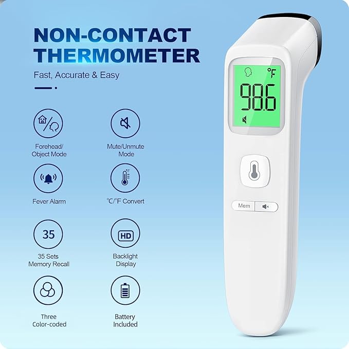 No-Touch Thermometer for Adults and Kids, Accurate Digital Baby Thermometer | 1s Fast Reading, Fever Alarm, Silent Mode, 35-Reading Memory, Forehead & Object Mode, AAA Battery Included, for Home & Clinic