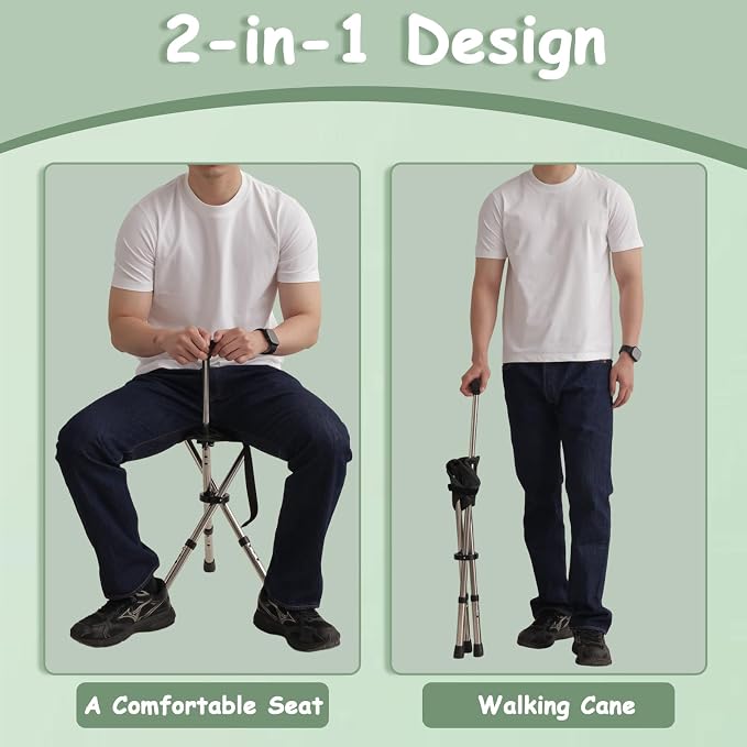 King Mills Lightweight Portable Stools for Adults Heavy Duty, Adjustable Walking Chair for Adults, Anti-Slip Cane Seat Walking Stick Folding Seat 250 Lbs Above Ideal for Camping & Hiking