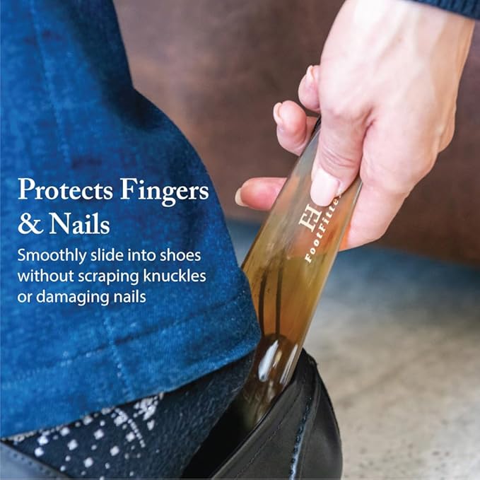 FootFitter Natural Bull Horn Shoe Horn with Leather Loop, Smooth Polished Shoe Assist Tool for Easy Slip-On Low Collar Shoes