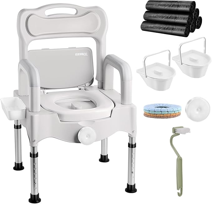 Bedside Commode Chair for Adults, 3-in-1 Commode Toilet for Elderly & Disabled, Portable Potty Chair with Bucket & Lid for Bedroom, Post Surgery & Home Care (GreyWhite)