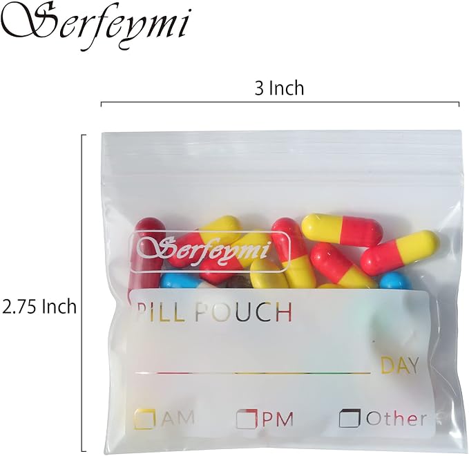 Serfeymi Pill Bags for Travel Pill Pouch Organizer Pack of 400 BPA Free 3 x 2.75 inch Reusable Pill Pouches for Medicine with Write on Label & Zipper Seal Waterproof AM PM Pill Baggies for Supplements