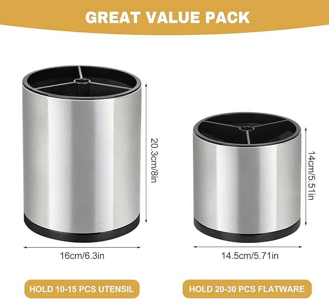 2Pack Kitchen Utensil Holder Set - 360° Rotating Stainless Steel Large Cooking Utensil Stand for Counter, 3 Compartment Flatware Caddy with Removable Base for Knife, Fork & Spoon Organizer - Sliver