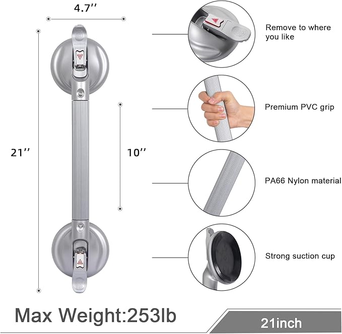 21inch Upgrade Suction Shower Grab Bar, Portable Shower Handle Bar Suction Grip Bar Bathtub Handle with Strong Hold Suction Cup Fitting and Rapid Release for Bathroom(Max Capacity :300lb