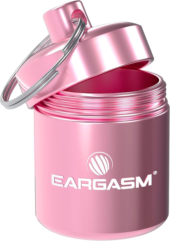 Eargasm Keychain Earplug Travel Carrying Case - Convenient Metal Waterproof Keychain Container Perfect for Traveling with Ear-Plugs, Pills, Medicine and Small Items On-The-Go - Pink, 1.06 in x 1.6 in