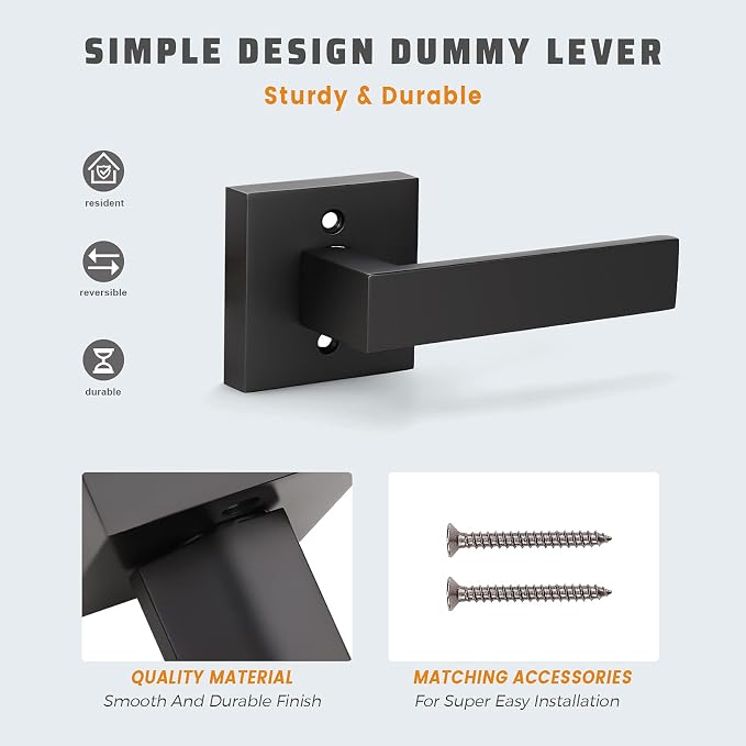 KNOBWELL Dummy Door Handles 4 Pack, Interior Door Knob, Matte Black Non-Turning Right/Left Square Door Handle Levers