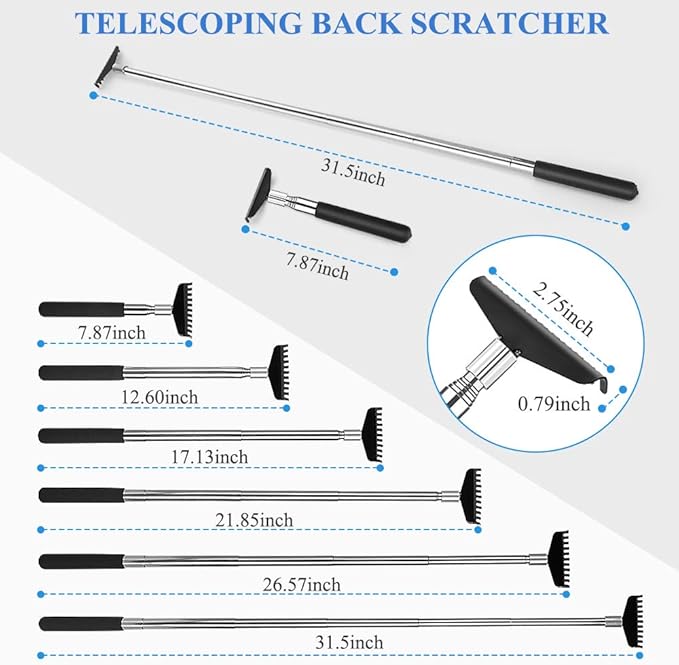 Extra Long Back Scratcher for Adults & Seniors - 31.5 Inch Telescoping Stainless Steel, Portable Itch Relief Tool for Hard to Reach Spots with Canvas Storage Bag