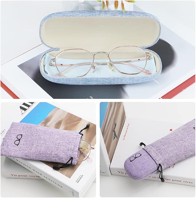 LZYMSZ 4 Sets Glasses Case, Portable Linen Hard Shell Eyeglasses Cases, Protective Glasses Box for Storage Sunglasses, Eye Glass Carry Case with Glasses Accessories (Drawstring Pouch, Cleaning Cloth)