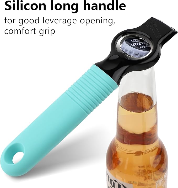 2-Pack Magnetic Beer Bottle Opener & Soda Can Opener, 2-in-1 Bottle Opener and Can Tab Opener Tool for Bartender, Long Nails, Arthritis, Seniors, Silicone Handle with Build in Magnet - Aqua