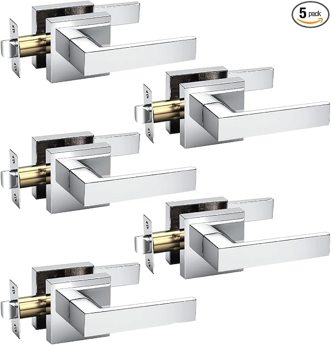KNOBWELL 5 Pack Door Handles Polished Chrome Interior Door Levers for Hallway Closet Keyless Bedroom Doorknob with Lock