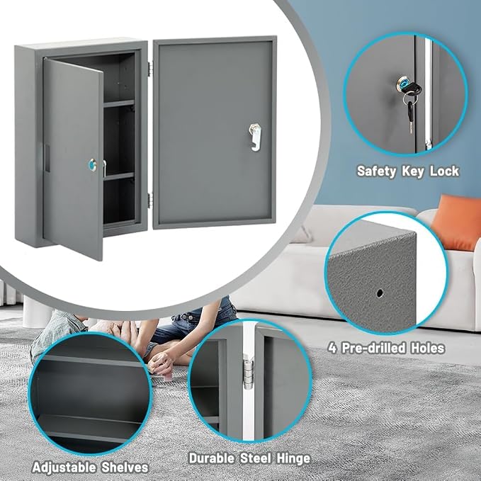 Yeeoy Locking Medicine Cabinet, Wall Mount Narcotics Cabinet with Lock & Double Door, Secure Steel Drug Cabinet Medicine Lock Box for Home School use, Grey