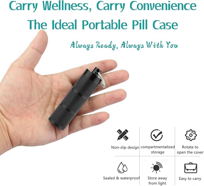 Waterproof Keychain Pill Holder - 3-Compartment, Black | Anodized aluminum with a keyring. 3 detachable layers. Pocket-sized, rustproof EDC pill container