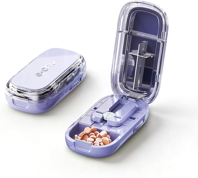 Pill Cutter Splitter for Small and Tiny Large Pills,Adjustable Pill Splitter Push-Button Cuts into 1/2, 1/3, 1/4，Comes with a Small Brush and a Medicine Storage Box (Purple, 1/4)