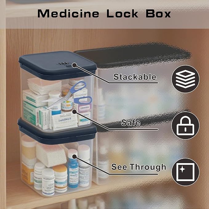 Clear Lockable Storage Box with Combination Lock - Heavy Duty Medicine,Food,Snack & Electronics Organizer Jar,Childproof Phone Jail,Gaming Device Lockbox Container Tank,Self Control Prize Bin (Navy)