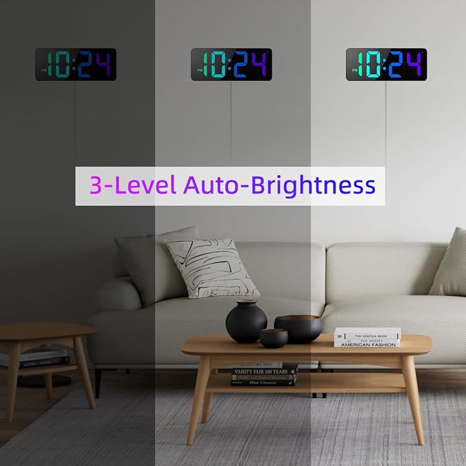 LED Digital Wall Clock with Dynamic RGB Display, Big Digits, Auto-Brightness, 12/24Hr Format, Modern Electric Small Silent Wall Clock for Living Room, Bedroom, Classroom, Farmhouse, Kitchen, Office