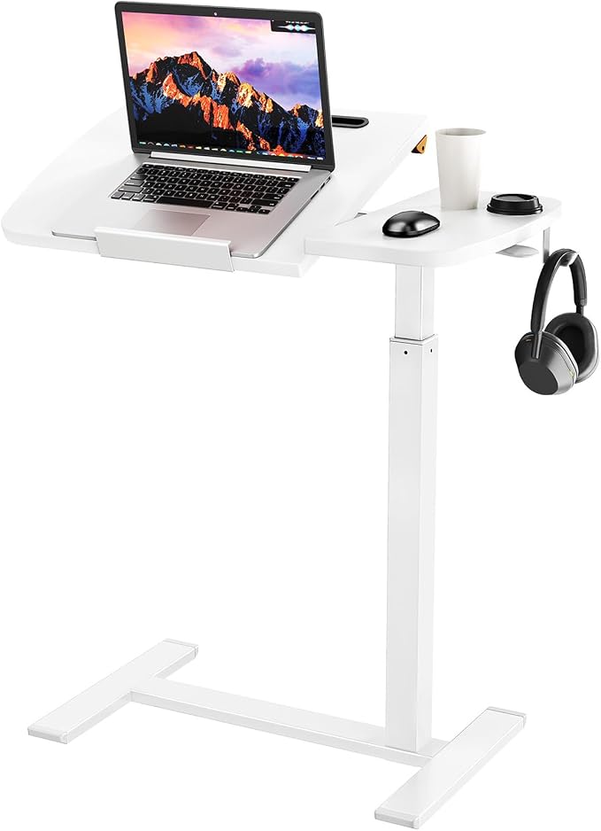Overbed Table with Wheels, Pneumatic Height and Tilting Desktop | Top Tilts 0-60° with Anti-Slip Stops, Hook, Capacity 66 lbs, 1.18 in Low-Profile Base Slides Easily Under Beds and Sofa