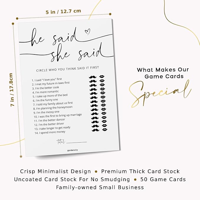 GardenCity Bridal Shower Games, He Said She Said Bridal Shower Game for 50 Guests, Minimalist