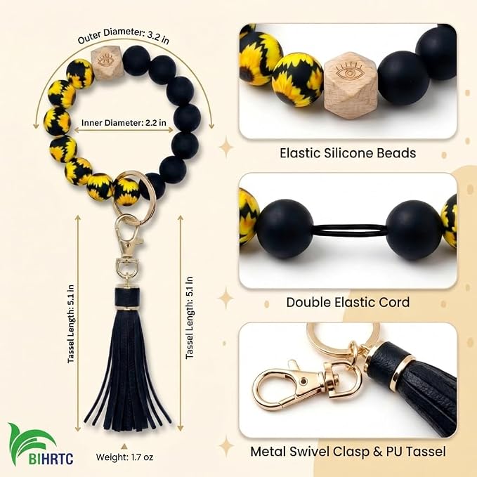 BIHRTC Key Ring Bracelet Car Keychain Holder Wristlet Silicone Women Beaded Bangle Chains