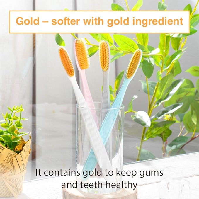 WANGTA Toothbrush 4pcs, Twice as Wide as Regular Brush Head, Wide Toothbrush, Long Brush Head, More Comfortable and Easier Brushing (Golden Brush)