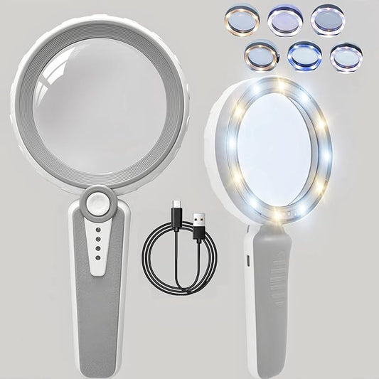 45X Magnifying Glass with Light, 1200mAh USB Rechargeable, 6 Light Modes, 4.6" Large Handheld Magnifier for Low Vision Seniors with Macular Degeneration, Reading, Jewelry, Coins - Grey
