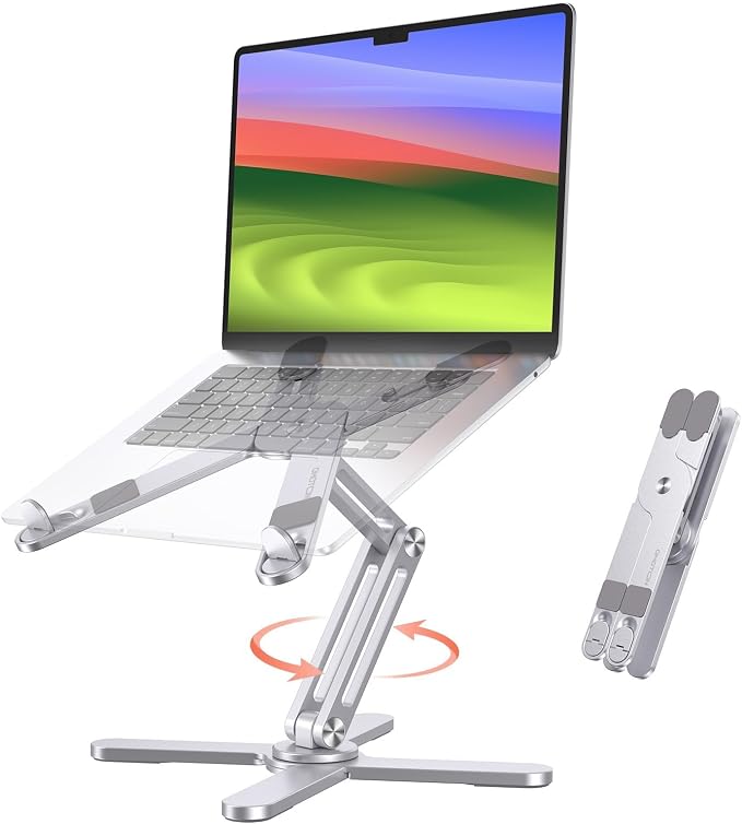 OMOTON LA10 360° Rotating Laptop Stand Riser Foldable for Desk, Silver | Aluminium Aolly, Adjustable Height Angles, Collaborative Work, Easy Storage, Fits Laptops up to 17", for MacBook Pro/Air HP