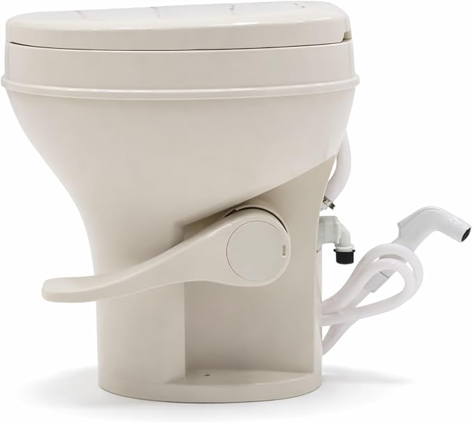 SEAFLO Residential Height Bone Camper/RV Toilet with Sprayer Attachment, 18.5” Standard Height, Gravity Flush System, Pedal Operation, Soft Close Seat, 4-Year Warranty (Bone W/Sprayer Attachment)