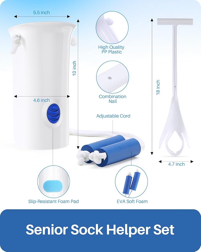 Jellas Sock Aid for Putting On Socks Kit,4.6 Inch Sock Helper for Seniors | Flexible Long Rope Design, Easy Put On Take Off Socks, Comfort Independence Helper, White