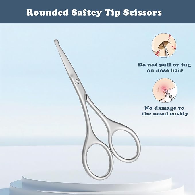Nose Hair Scissors Safety Round Tip - Stainless Steel Facial Trimmer for Men & Women, Small Grooming Shears for Eyebrow Beard Mustache Ear - with Leather Travel Pouch (Silver)