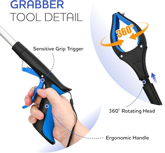 2-Pack Grabber Reacher Tool,32 Inch Extra Long Foldable Pick Up Stick with Buckle and Rope and with Strong Grip Magnetic,360°Rotating Anti-Slip Jaw,Grabber Tool for Outdoor & Indoor (Blue&Orange)