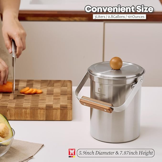 WAGENSTEIGER Kitchen Countertop Compost Bin 101ounces / 3Liters with Airtight Lid, SUS304 Stainless Steel Odor-Free Food Waste Bin with Wooden Handle Stylish Design/Bathroom Trash Can (Silver)