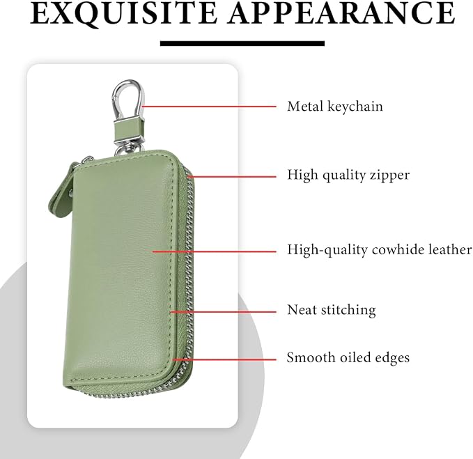 Leather Car Key Holder Bag, Unisex Key Fob Case with 6 Hooks, Zipper Closure Keychian Case Wallet for Smart Keys (Green)