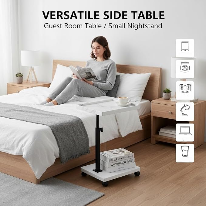 C Table End Table Adjustable Height,C Shaped End for Couch，Snack Tables,360°Swivel TV Tray Sofa Table,Tables that Slide Under,Coffee SideTable for Bed,Chair,Bath-tub (White Grain Color)