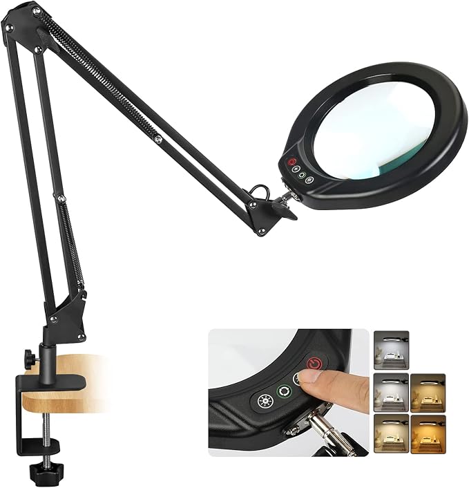 VEEMAGNI 12X 5 Inch Large Real Glass Magnifying Glass with Light and Stand, 5 Color Modes Stepless Dimmable, Long Swivel Arm LED Clamp Desk Lamp, Hands Free Lighted Magnifier for Reading Crafts Hobby