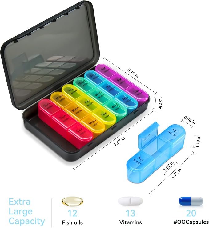 Weekly Pill Organizer 3 Times A Day, 7 Day Pill Box Large Compartments Moisture-Proof Pill Case, Daily Portable Travel Morning Noon Evening Pill Container, for Fish Oils, Vitamins, Supplements