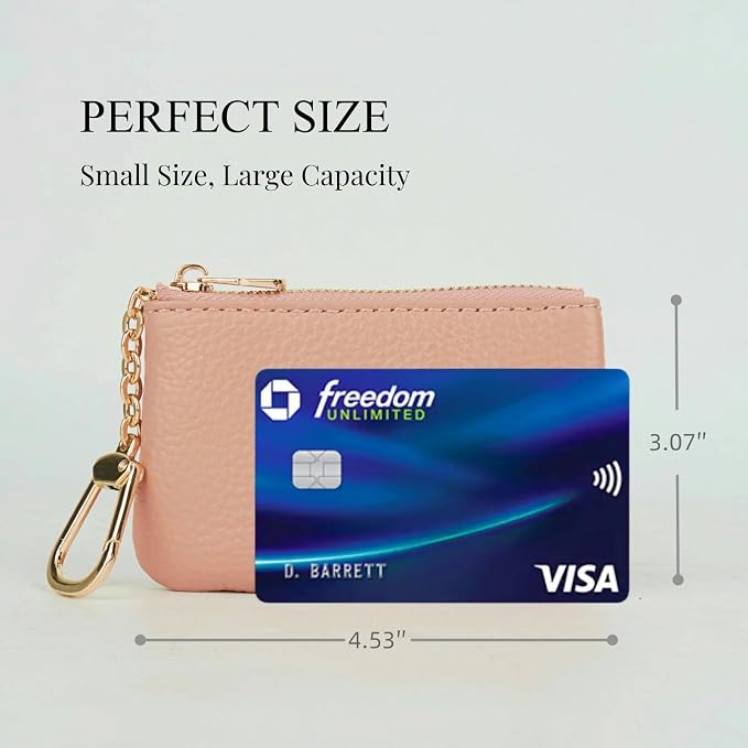 Full Grain Leather Coin Purse with Key Chain - Small Change Purse Keychain Card Holder Keychain Pouch Small Keychain Wallet for Women and Men (Pink)