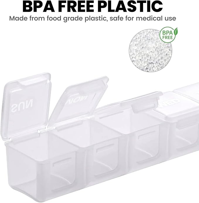 Sukuos Medium Large Weekly Pill Organizer – 7 Day Daily Pill Box, Easy-to-Open Medicine Container with Silkscreen & Clear Lid for Vitamins, Fish Oils or Supplements White