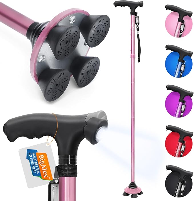 BigAlex Folding Walking Cane with LED Light,Pivoting Quad Base,Adjustable Walking Stick with Carrying Bag for Man/Woman (Alloy Base)
