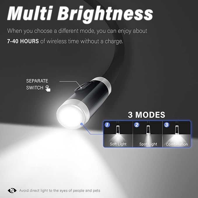 Vekkia Rechargeable LED Neck Reading Light, Book Lights for Reading in Bed, 3 Brightness Levels, Flexible Soft Silicone Arms Comfortable Wear, Long Lasting. Great for Readers, Craft & Knitting,Black