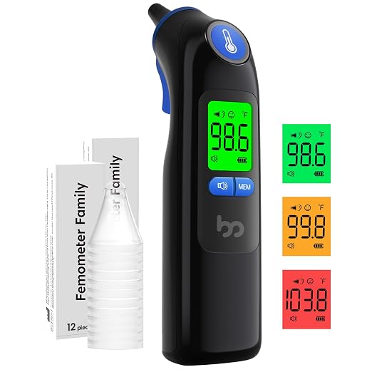 Femometer Family Ear Thermometer for Adults and Kids, Blue | 1s Fast Accurate Reading, 30-Memory Recall, 3-Color Fever Alert, ℃/℉ Switchable, Silent Mode, with 24 Disposable Probe Covers