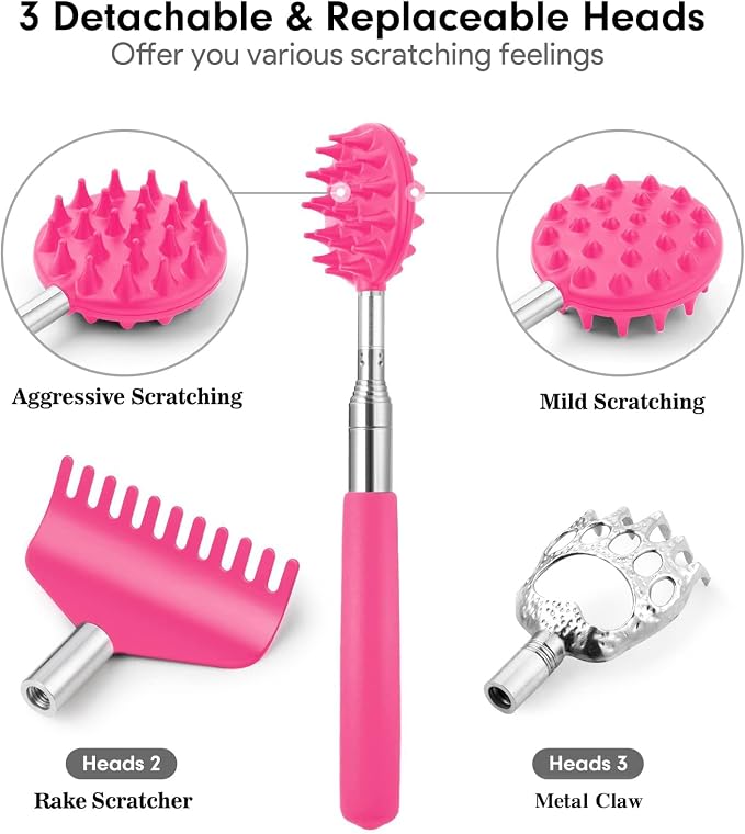 Telescoping Back Scratcher with 5 Detachable Heads, Gift for Women Pink | 10-30" Reach, Stainless Steel Pole, Rubber Grip, Christmas Stocking Stuffers, White Elephant, Anniversary and Birthday Gift