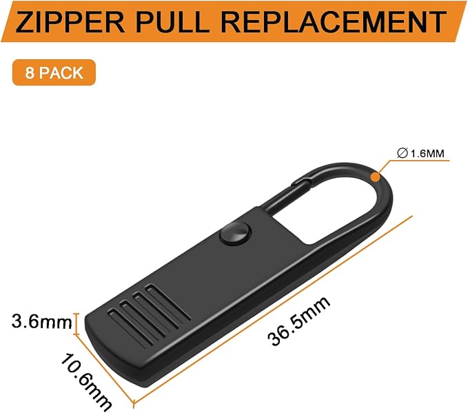 CooBigo 8 Pack Metal Zipper Pulls Replacement Slider for Suitcase, Detachable Zipper Pull Slider Replacement for Clothes Luggage Backpack Repair(Black)