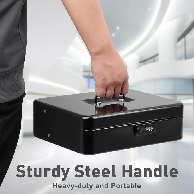 KYODOLED Metal Cash Box with Combination Lock & Spring-Loaded Bill Clips, 5-Compartment Cantilever Coin Tray, Portable Safe for Yard Sales/Craft Fairs/Small Businesses, 11.81”x9.45”x3.54”, Black