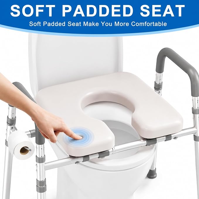 Raised Toilet Seat with Handles, Gray | Adjustable Height & Width, 400lbs Capacity, Padded, For Seniors, Disabled, Post-Surgery, Fits Most Toilets