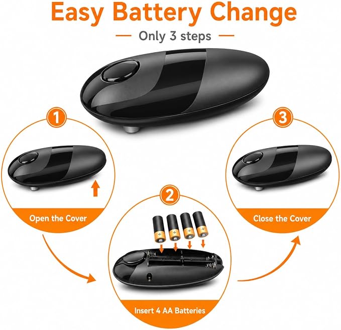 Battery Electric Can Opener, One-Touch,Hands-Free,Smooth Edge,Black,Compact | Effortless safe Automatic Fits Most Round & Square Cans Cord-Free Convenience Camping Kitchens RVs Beginner-Friendly