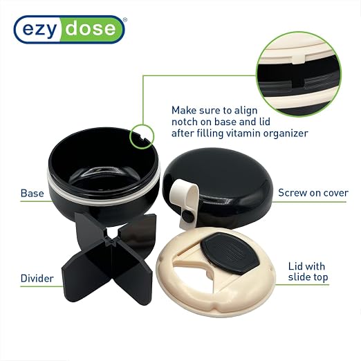 EZY DOSE Mini Pill Organizer, 4-Compartment Vitamin & Medication Case with Screw-Top Secure Seal + Sliding Dispenser, Compact Bottle-Replacement for Purse, Work, Cruise & Travel, Small, Black/Cream