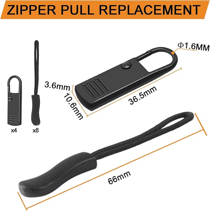 12 Pack Zipper Slider Replacement, 4Pack Metal + 8 Pack Nylon Zipper Pulls for Suitcase, Luggage, Backpack, Golf Bag, Jacket, Clothes, Boot Repair(Black)