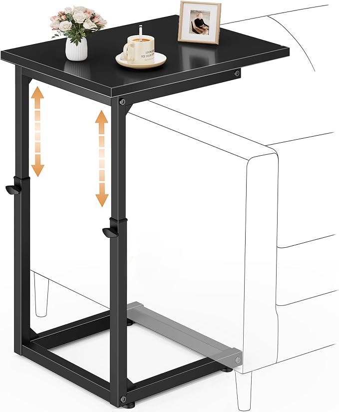 C-Shaped End Table for Couch, 33" Tall C Table Adjustable Height Side Table, Couch Side Tables with Metal Frame Slide Under Sofa, Sofa Table TV Tray for Living Room, Bedroom, Bedside, Black