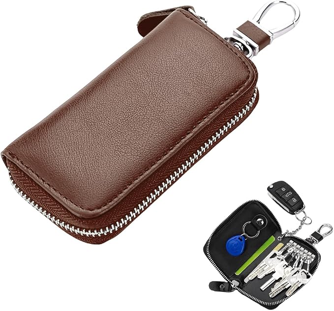Leather Car Key Holder Bag, Unisex Key Fob Case with 6 Hooks, Zipper Closure Keychian Case Wallet for Smart Keys (Brown)
