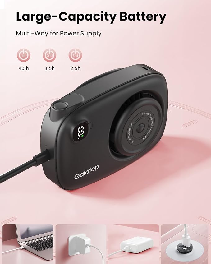 Gaiatop Mini Neck Fan, LED Makeup Mirror, Power Display Portable Fan Black | 3 Speeds, 360° Rotate Mirror for Handheld Desk Use, Rechargeable Small USB Fan, Personal Cooling Travel Essentials Women Gift