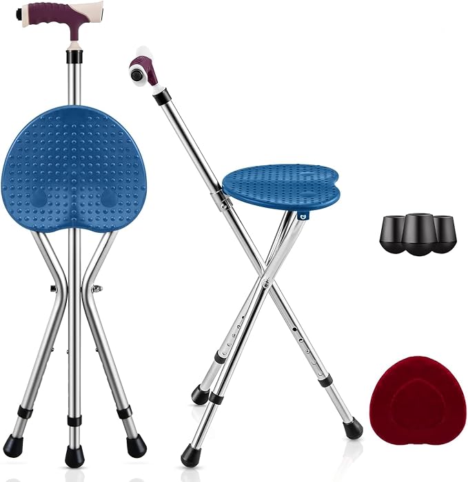 GYMAX Walking Stick Chair Combo, Folding Cane Seat with LED Light, Massage Seat Board & Ergonomic Handle, Adjustable Anti-Skid Walking Stick with Stool, Lightweight Outdoor Travel Rest Stool